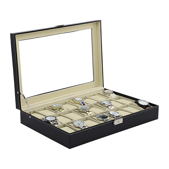 Watch Box - 24 Slot Luxury Display Case With Framed Glass Lid