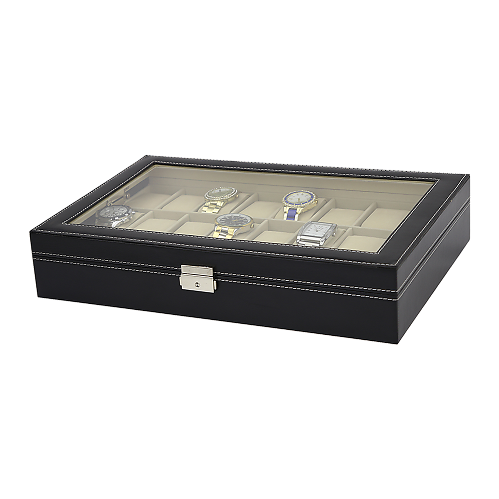 Watch Box - 24 Slot Luxury Display Case With Framed Glass Lid