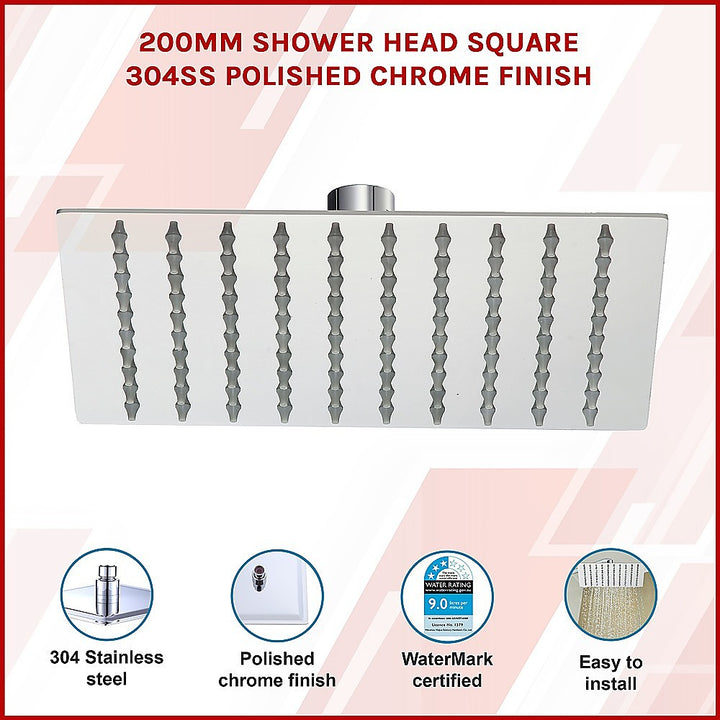 200mm Shower Head Square 304SS Polished Chrome Finish