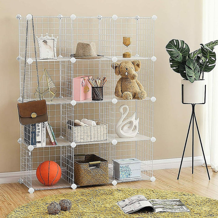 12 Cube Wire Grid Organiser Bookcase Storage Cabinet Wardrobe Closet White