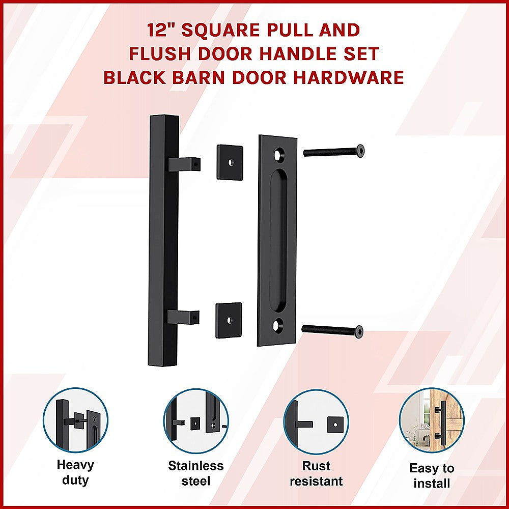 12" Square Pull and Flush Door Handle Set Black Barn Door Hardware