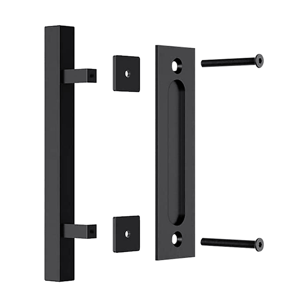 12" Square Pull and Flush Door Handle Set Black Barn Door Hardware