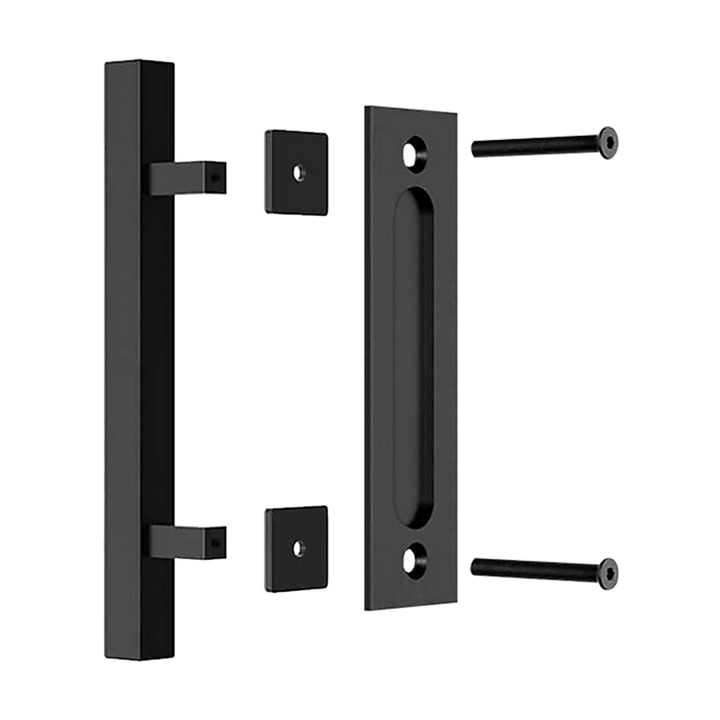 12" Square Pull and Flush Door Handle Set Black Barn Door Hardware