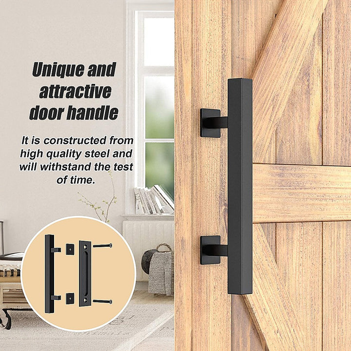 12" Square Pull and Flush Door Handle Set Black Barn Door Hardware