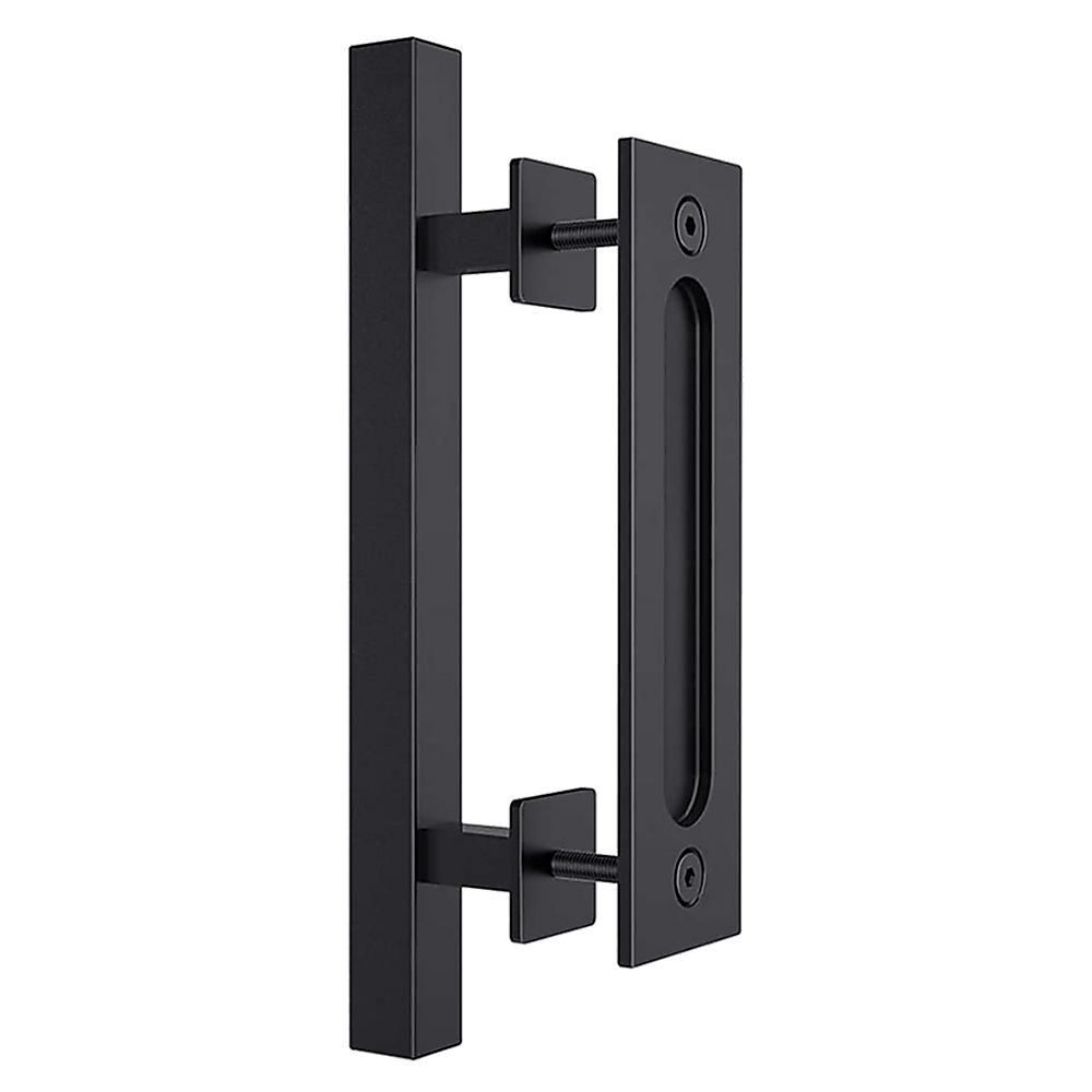 12" Square Pull and Flush Door Handle Set Black Barn Door Hardware