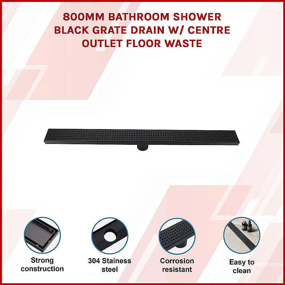 800mm Bathroom Shower Black Grate Drain w/Centre outlet Floor Waste