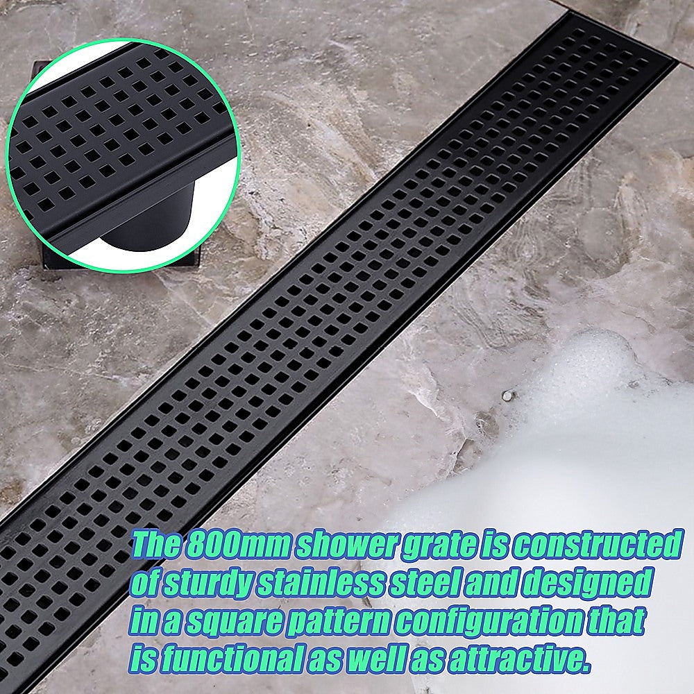 800mm Bathroom Shower Black Grate Drain w/Centre outlet Floor Waste