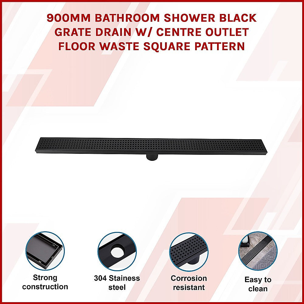 900mm Bathroom Shower Black Grate Drain w/Centre outlet Floor Waste Square Pattern