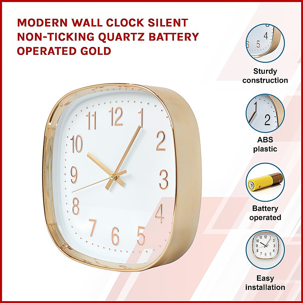 Modern Wall Clock Silent Non-Ticking Quartz Battery Operated Gold