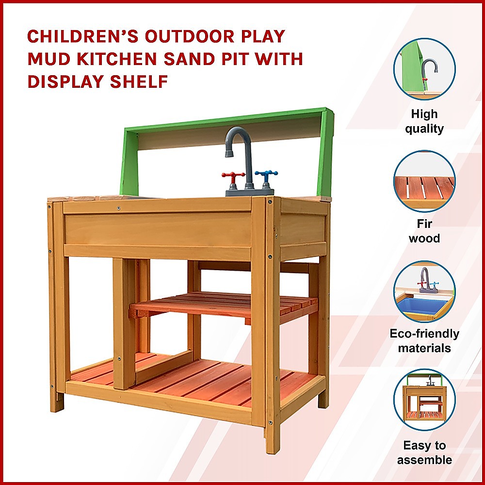 Childrens Outdoor Play Mud Kitchen Sand Pit with Display Shelf