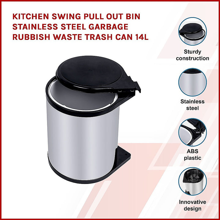 Kitchen Swing Pull Out Bin Stainless Steel Garbage Rubbish Waste Trash Can 14L