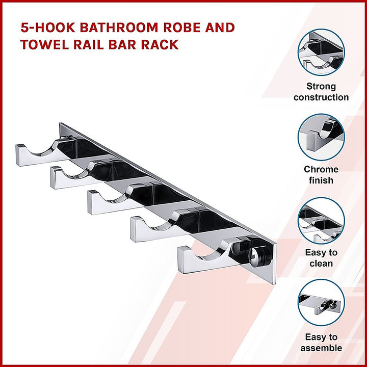 5-Hook Bathroom Robe and Towel Rail Bar Rack