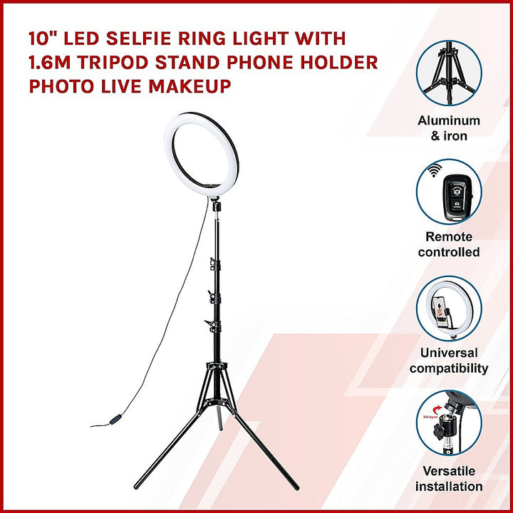 10" LED Selfie Ring Light with 1.6M Tripod Stand Phone Holder Photo Live Makeup