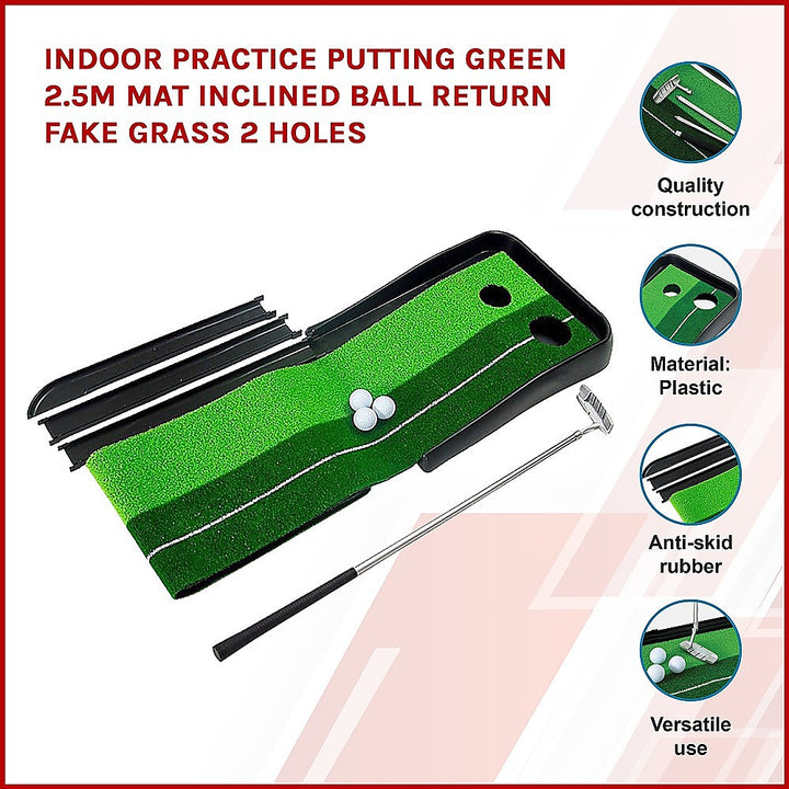 Indoor Practice Putting Green 2.5m Mat Inclined Ball Return Fake Grass 2 Holes