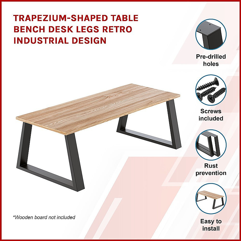 Trapezium-Shaped Table Bench Desk Legs Retro Industrial Design Fully Welded - Black