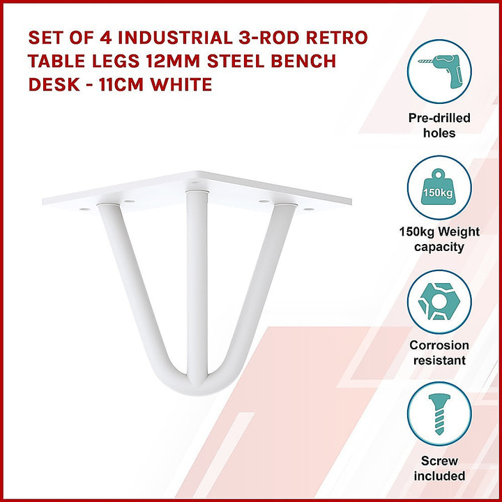 Set of 4 Industrial 3-Rod Retro Table Legs 12mm Steel Bench Desk - 11cm White