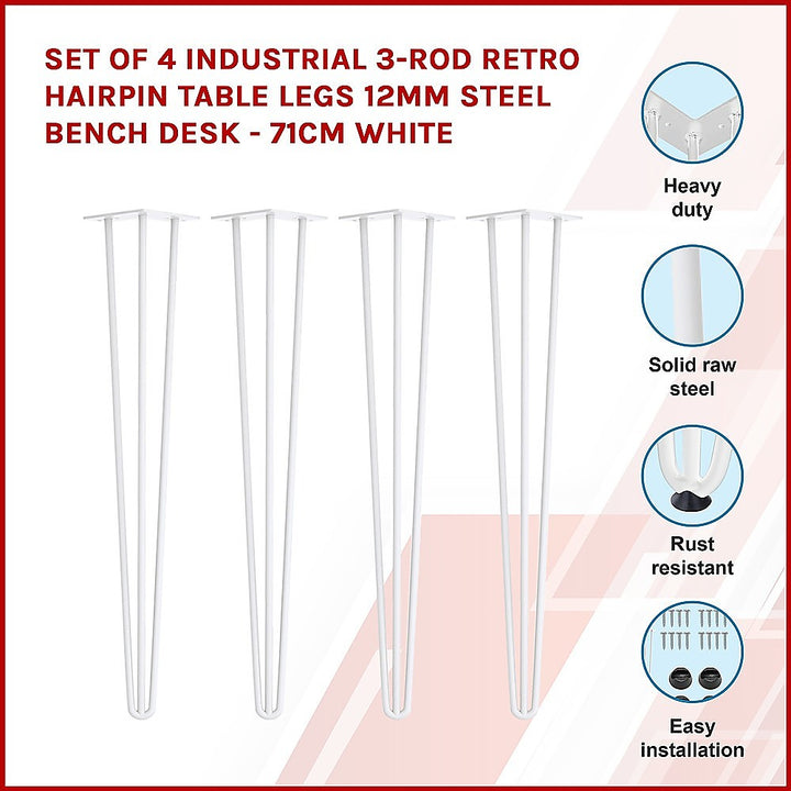 Set of 4 Industrial 3-Rod Retro Hairpin Table Legs 12mm Steel Bench Desk - 71cm White