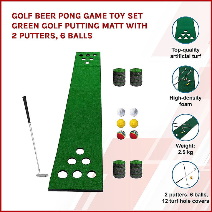 Golf Beer Pong Game Toy Set Green Golf Putting Matt with 2 Putters, 6 Balls