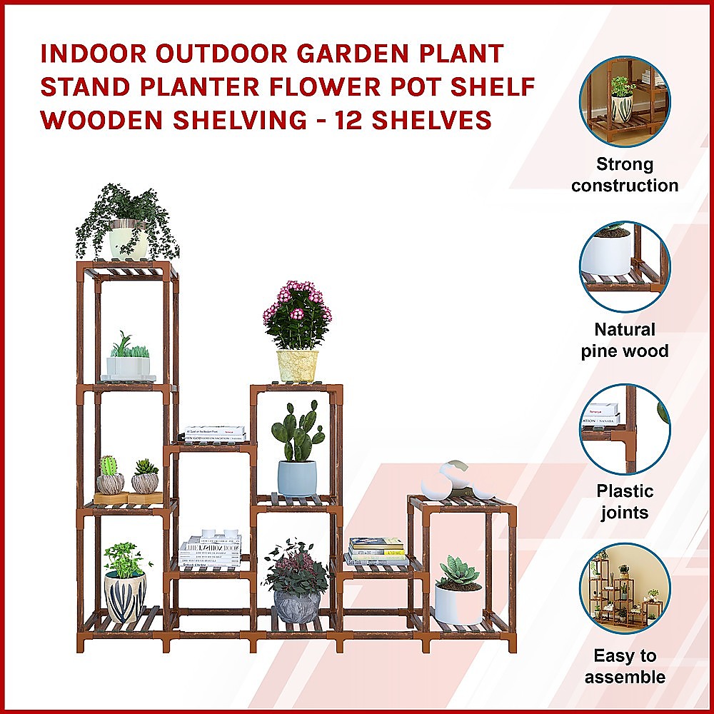 Indoor Outdoor Garden Plant Stand Planter Flower Pot Shelf Wooden Shelving - 12 Shelves