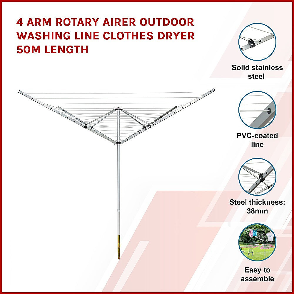 4 Arm Rotary Airer Outdoor Washing Line Clothes Dryer 50m Length