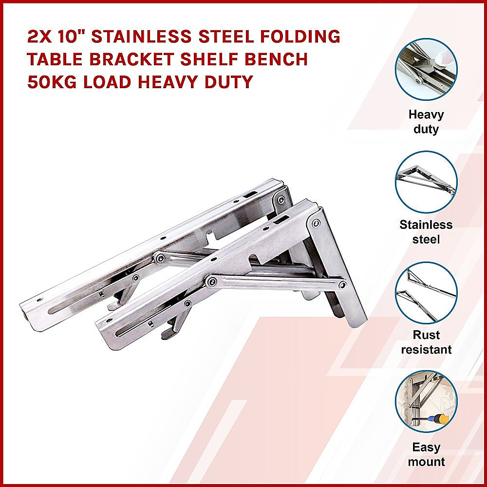 2x 10" Stainless Steel Folding Table Bracket Shelf Bench 50kg Load Heavy Duty