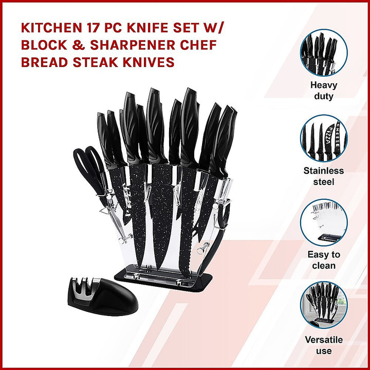 Kitchen 17 Pc Knife Set w/ Block & Sharpener Chef Bread Steak Knives