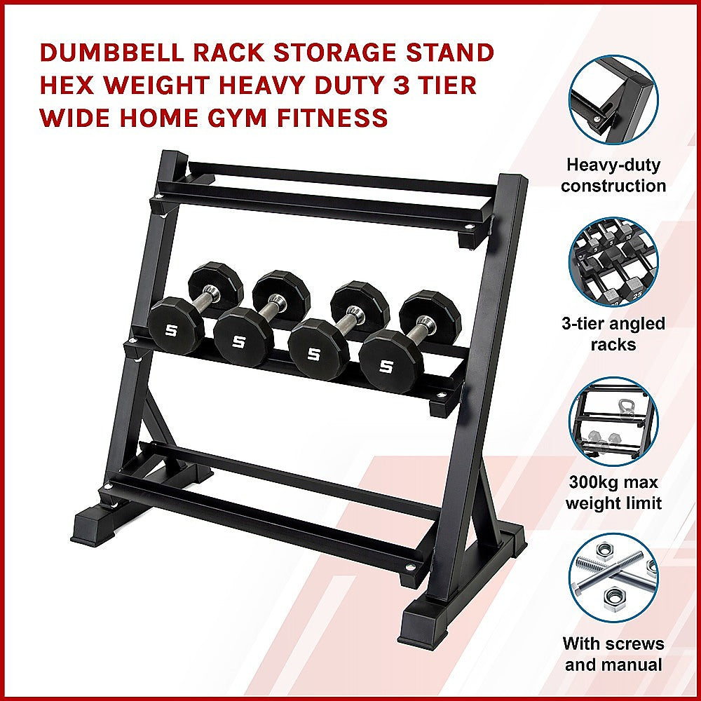 Dumbbell Rack Storage Stand Hex Weight Heavy Duty 3 Tier Wide Home Gym Fitness