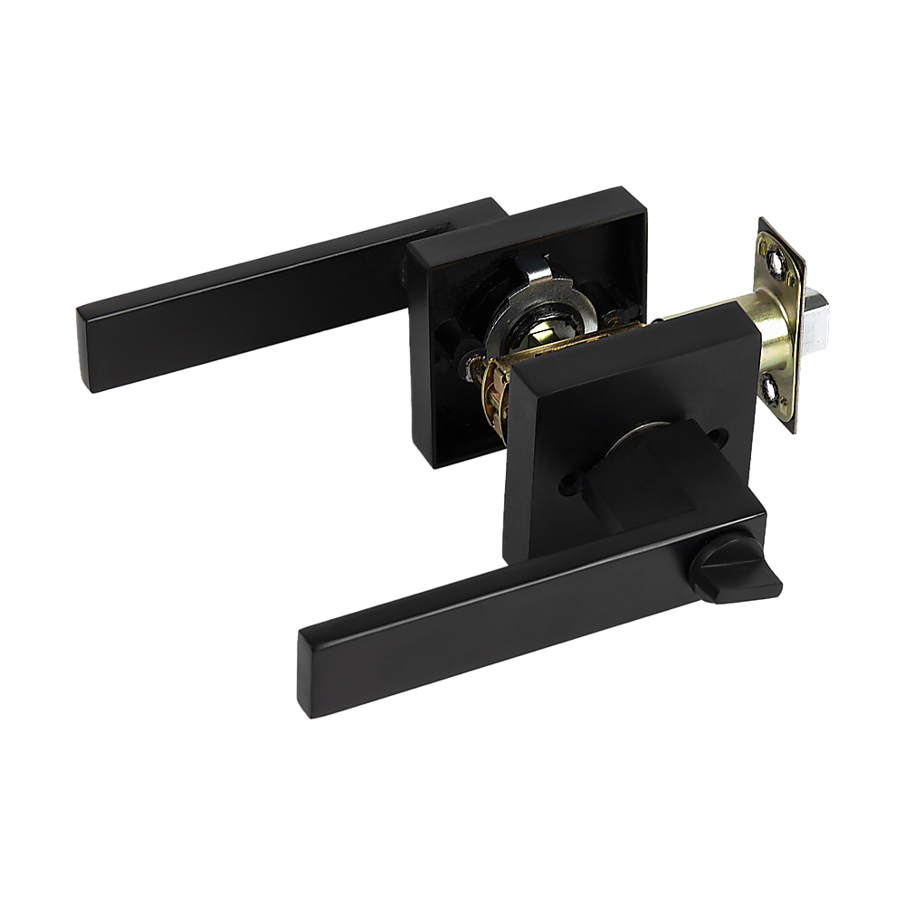 Door Handle Set Lever Key Lock Function Square Black