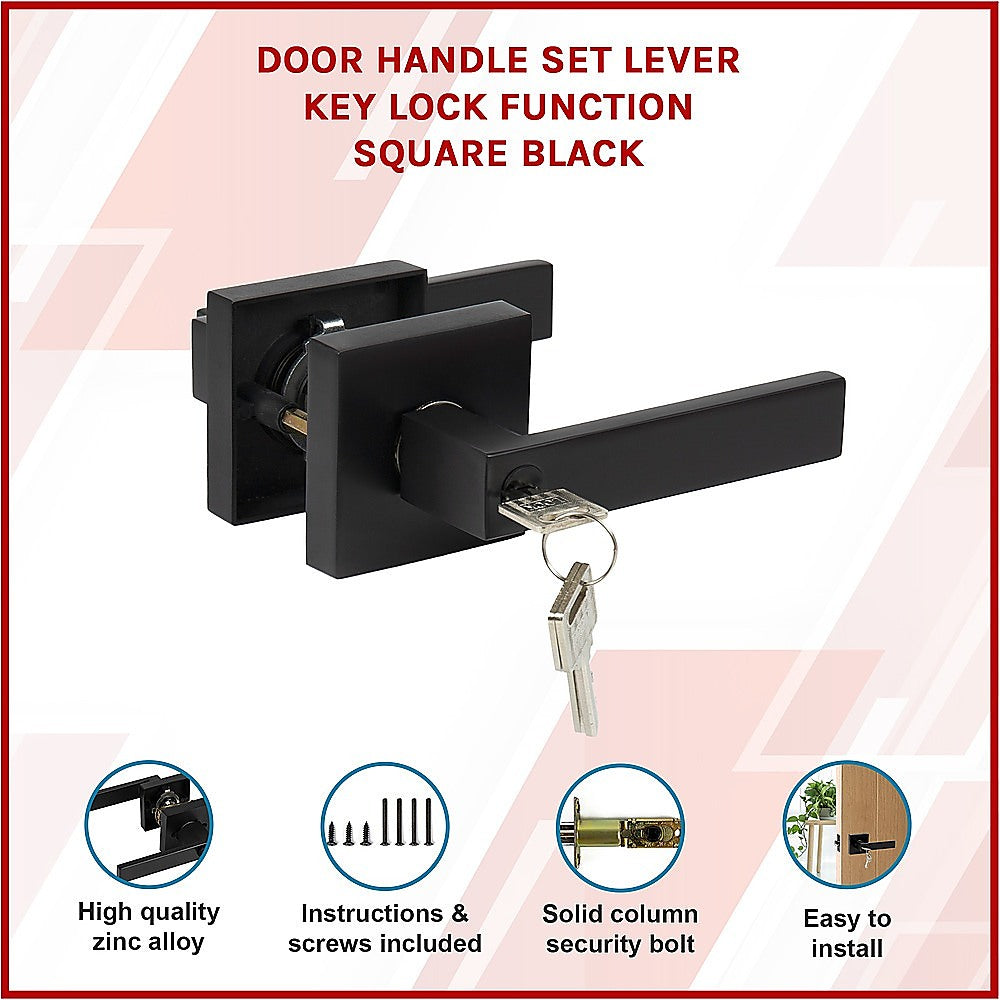 Door Handle Set Lever Key Lock Function Square Black