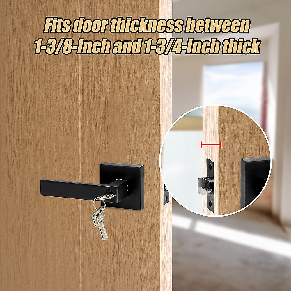 Door Handle Set Lever Key Lock Function Square Black