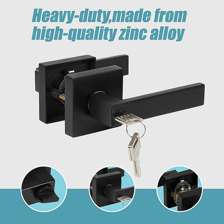 Door Handle Set Lever Key Lock Function Square Black