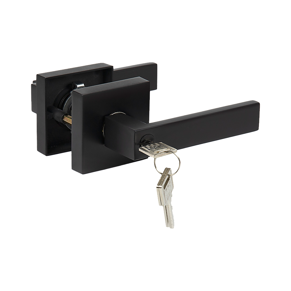 Door Handle Set Lever Key Lock Function Square Black