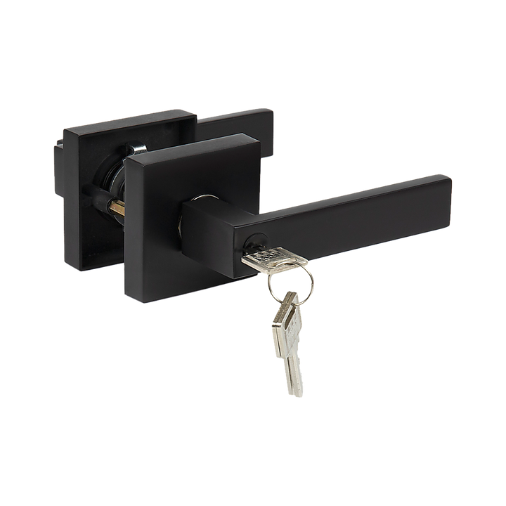 Door Handle Set Lever Key Lock Function Square Black