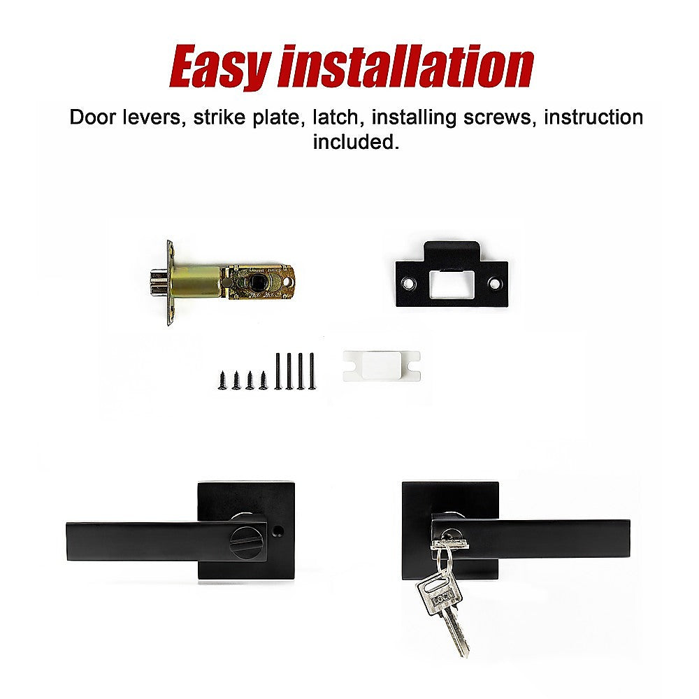 Door Handle Set Lever Key Lock Function Square Black