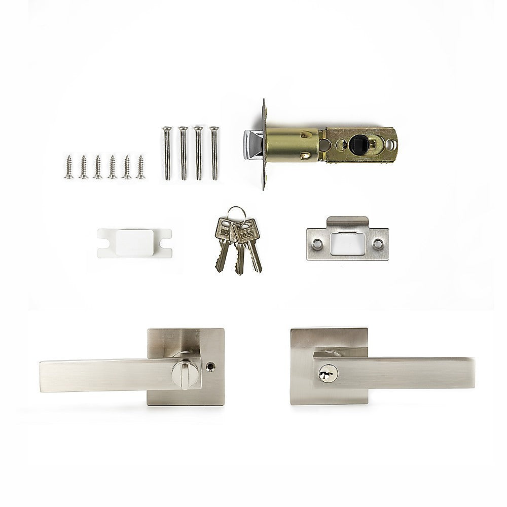 Door Handle Set Lever Key Lock Function Square Satin Nickel