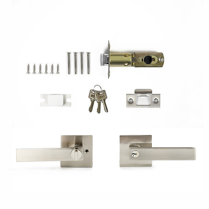 Door Handle Set Lever Key Lock Function Square Satin Nickel