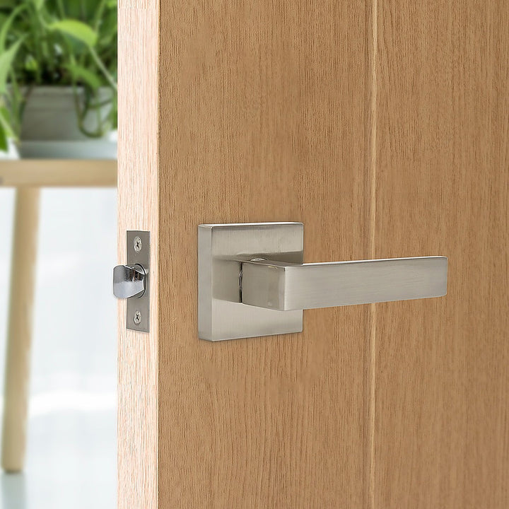 Door Handle Set Lever Passage Function Square Satin Nickel