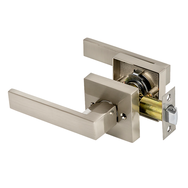 Door Handle Set Lever Passage Function Square Satin Nickel