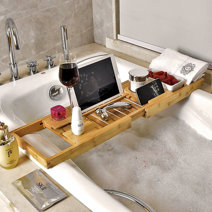 Bathroom Bamboo Bath Caddy Wine Glass Holder Table Tray Bathtub Rack Soap Shelf