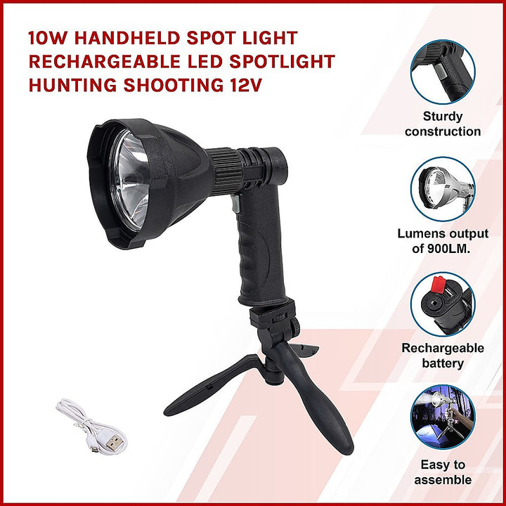 10W Handheld Spot Light Rechargeable LED Spotlight Hunting Shooting 12V