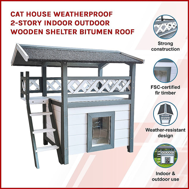 Cat House Weatherproof 2-Story Indoor Outdoor Wooden Shelter Bitumen Roof