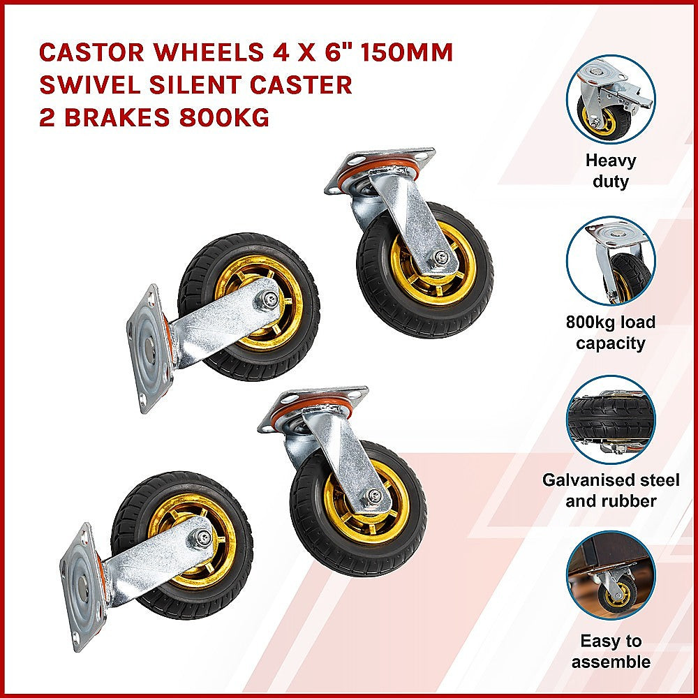 Castor Wheels 4 x 6" 150mm Swivel Silent Caster 2 Brakes 800KG