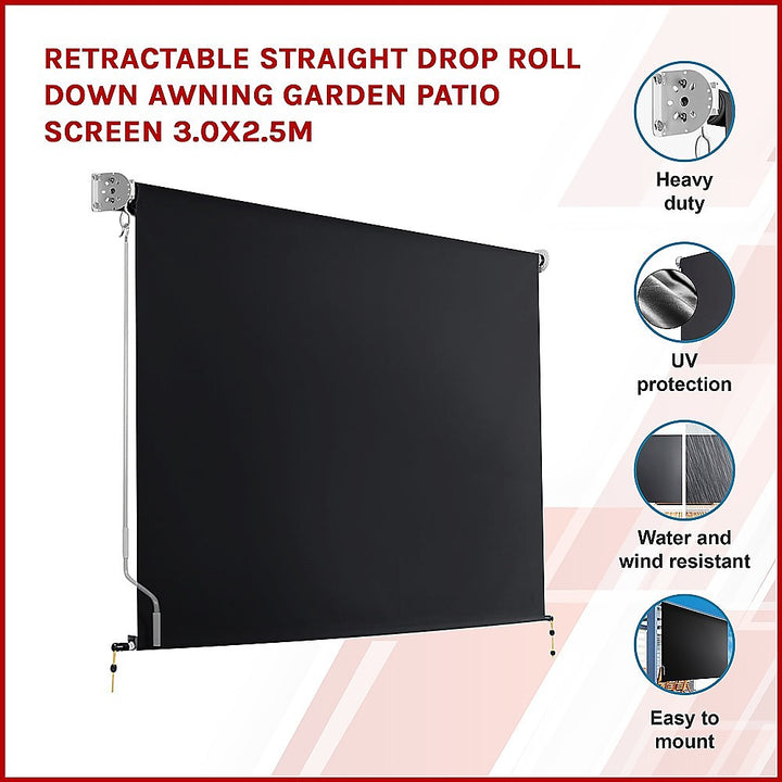 Retractable Straight Drop Roll Down Awning Garden Patio Screen 3.0X2.5M