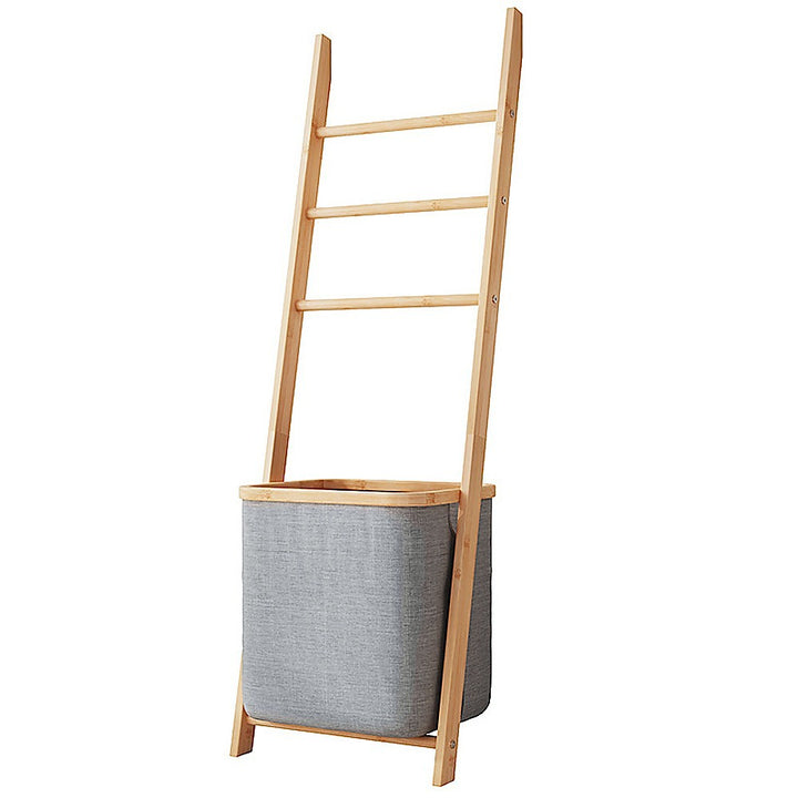 Wall Leaning Ladder Shelf with Laundry Basket Clothes Hamper Bath Towel Rack in Grey