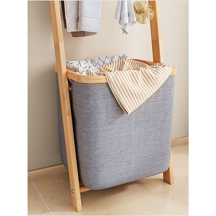 Wall Leaning Ladder Shelf with Laundry Basket Clothes Hamper Bath Towel Rack in Grey