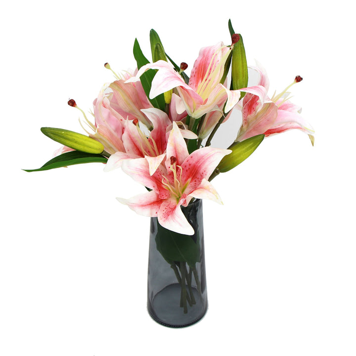 Premium Faux Pink Lily In Glass Vase (Artificial Tiger Lily Arrangement)