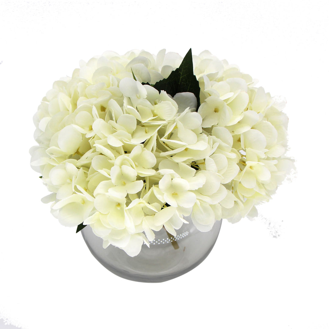 Premium Faux Hydrangea With Glass Vase (Artificial Flowering White Hydrangea) 23cm