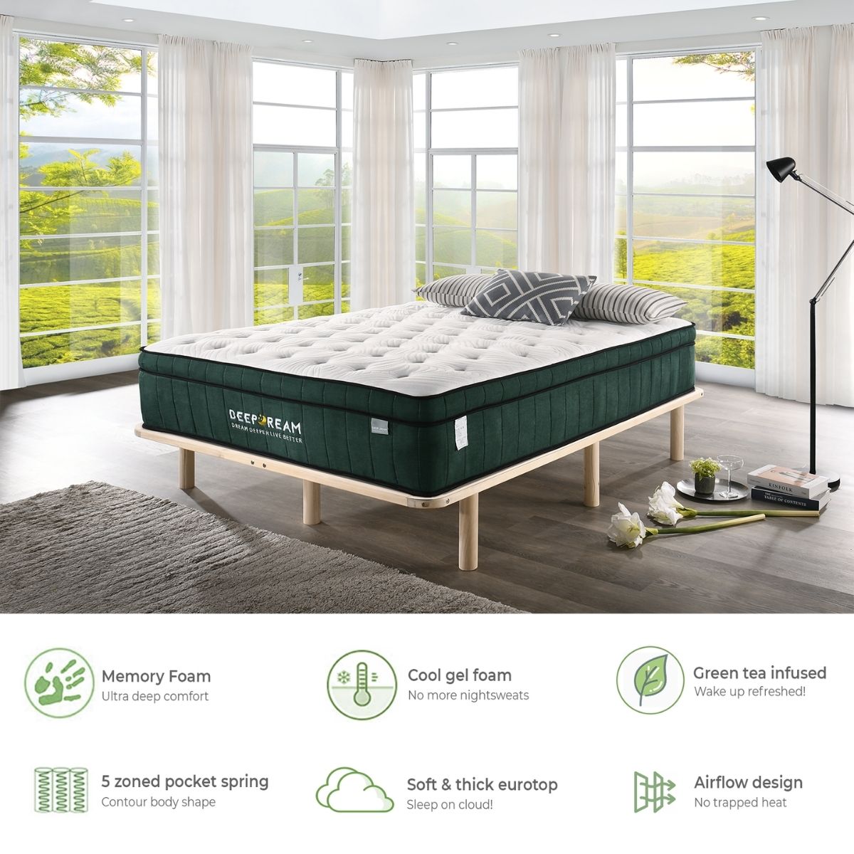 Green Tea Cool Gel Memory Foam Mattress 36cm 5 Zone Queen