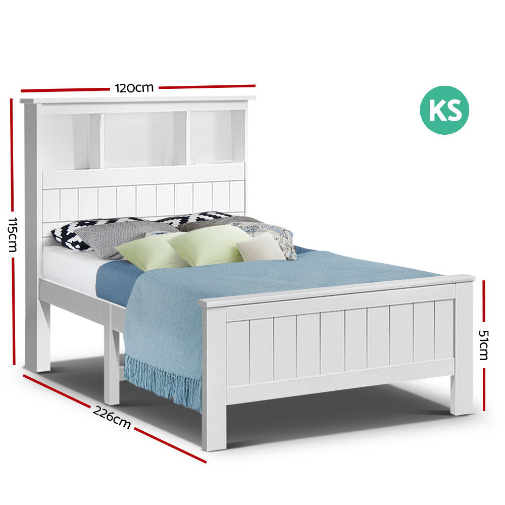 Artiss Bed Frame King Single Size Wooden with 3 Shelves Bed Head White