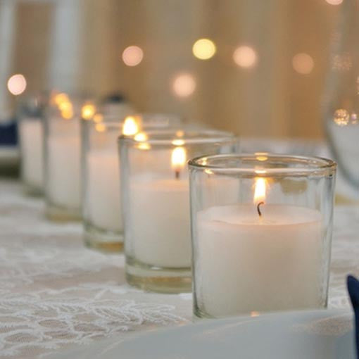 10 White Wax Clear Glass Holder Votive Candle - Wedding Event Centrepiece Table Decoration